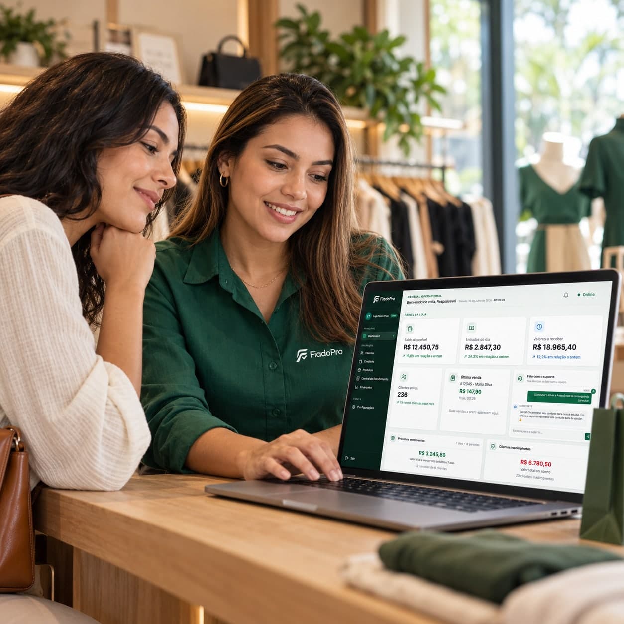 Lojista atendendo uma cliente no balcão, com o painel do FiadoPro aberto no notebook